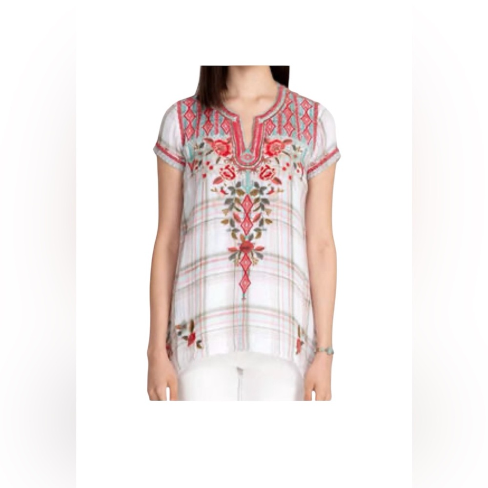 Johnny Was White and Gray Asymmetrical Blouse with Floral Embroidery